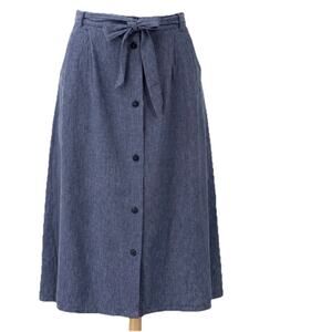Chambray Midi Skirt Tie Waist Blue Linen/Cotton Blend SZ 14 Coastal Cottagecore
